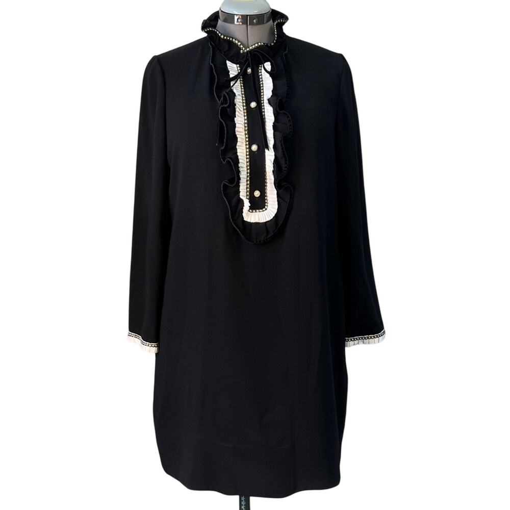 ME+EM  Dress Elegant Black Midi long sleeve sheath high neck gold Ruffle Accents